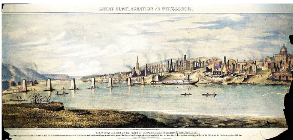 Colorized 1845 lithograph, Great Conflagration at Pittsburgh: the ruined city seen from across the river